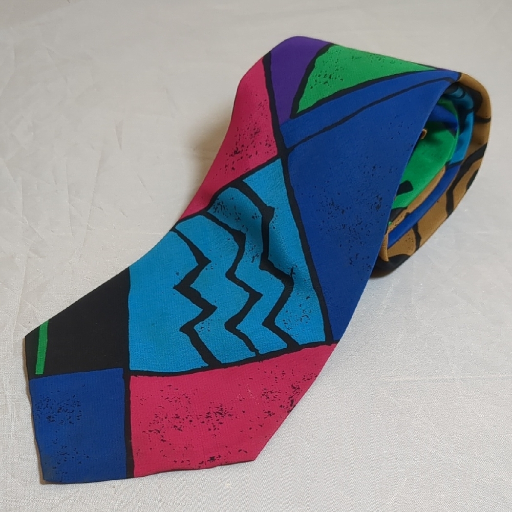 Vintage COTLER Brightly Colored Pink Blue Green Brown Graphic Design Necktie